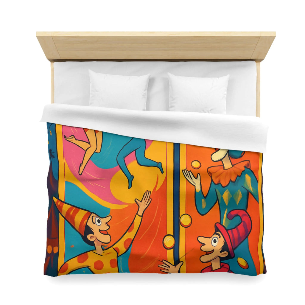 Housse de couette colorée avec jongleurs et acrobates, ambiance festive et joyeuse