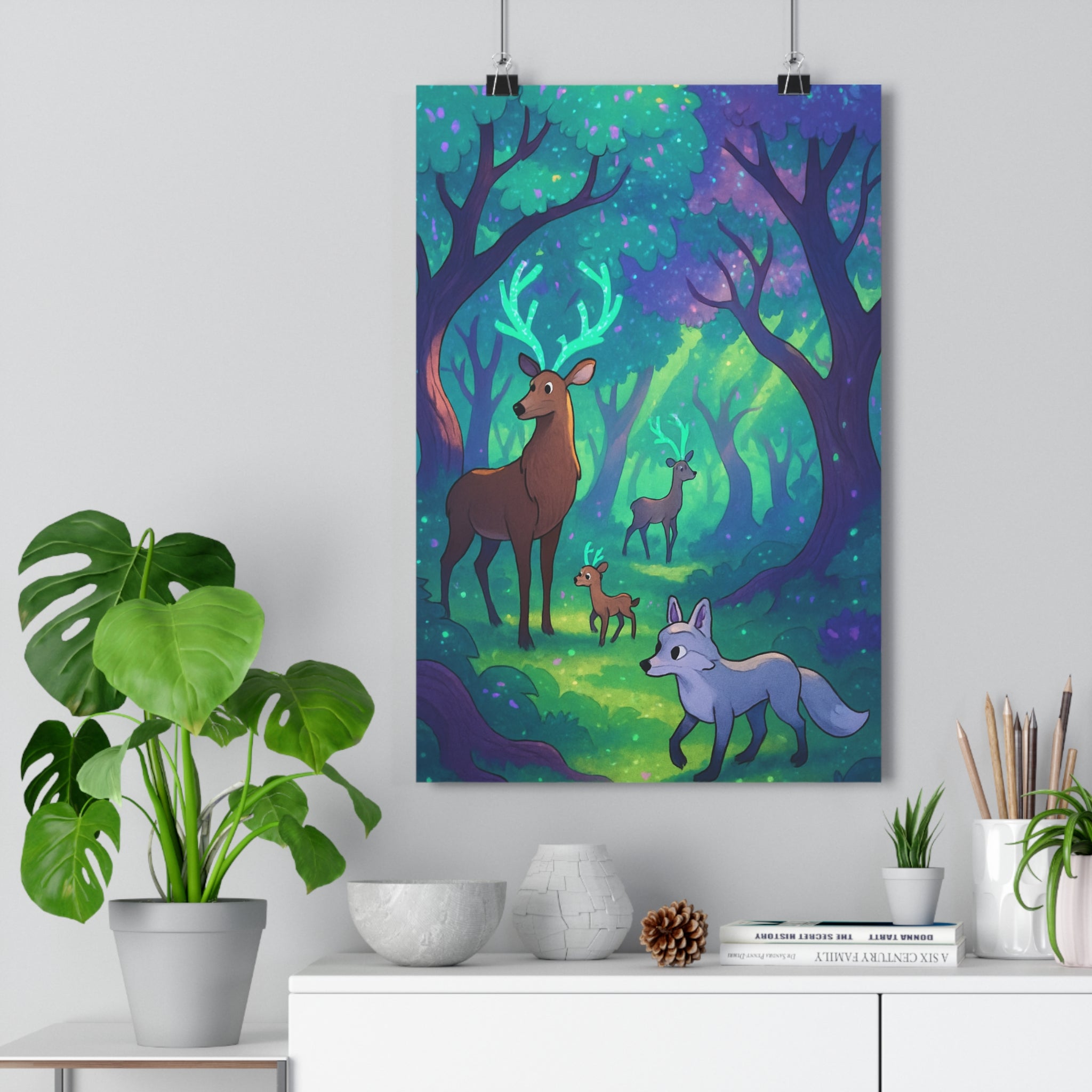 Poster décoratif fantaisie forêt enchantée bleu vert violet magique apaisant chambre salon 30x46 cm