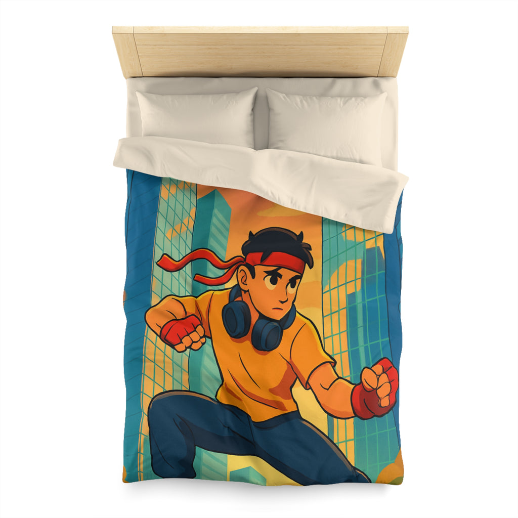 Housse de Couette Style Urbain Colorée avec Jeune Héros en Ville Moderne
