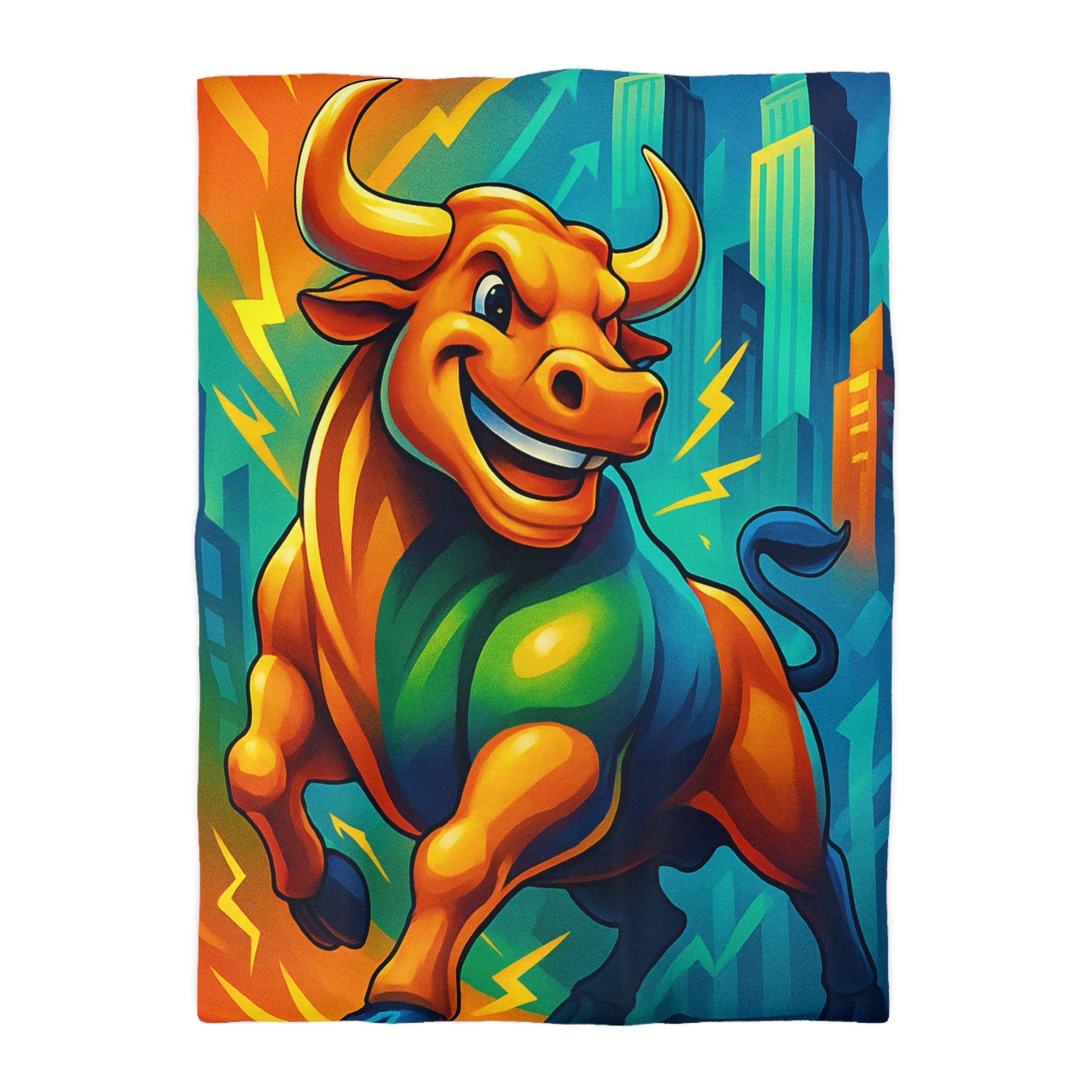 Illustration dynamique d'un taureau énergique avec gratte-ciel modernes et flèches ascendantes