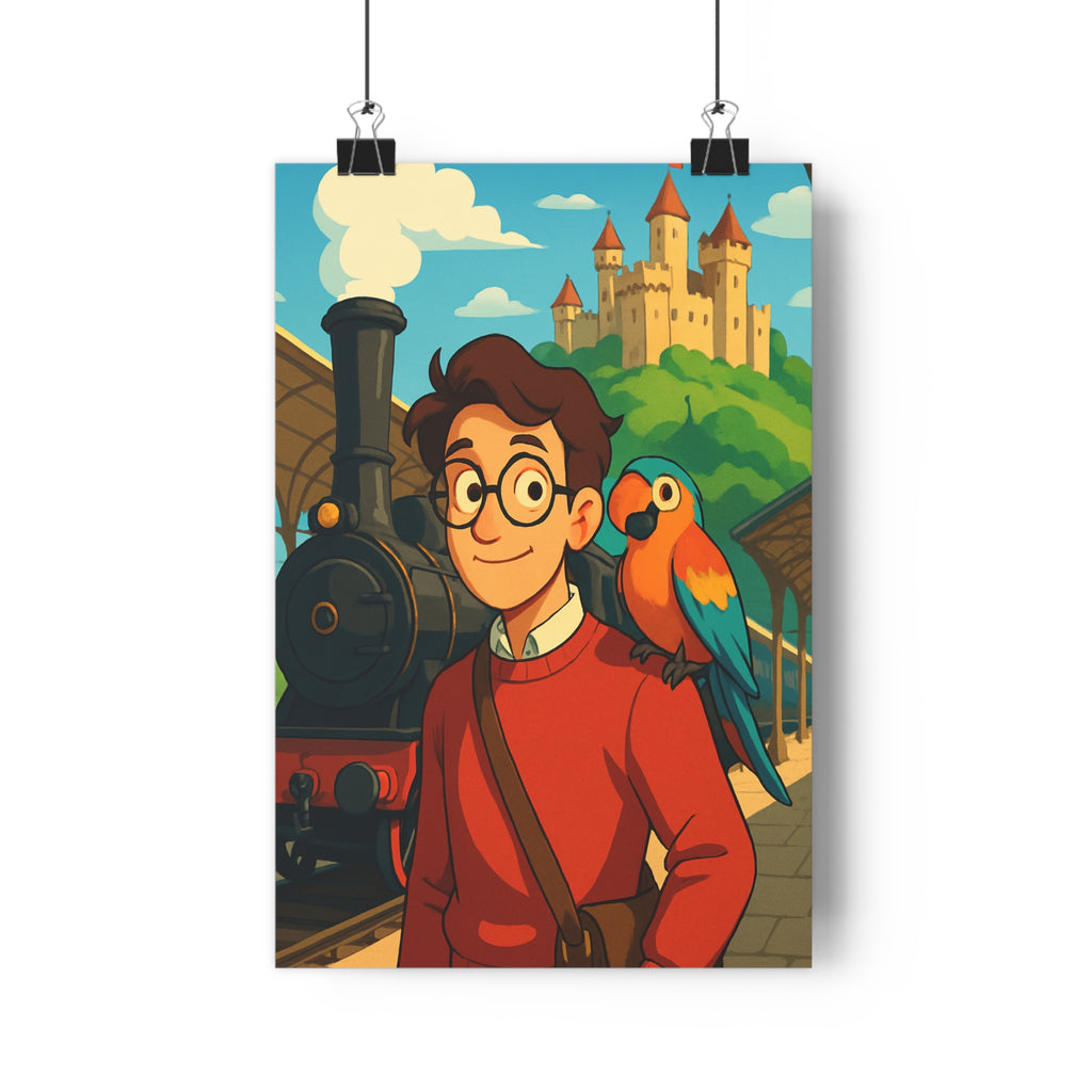Poster décoratif cartoon jeune homme lunettes perroquet coloré gare locomotive château colline aventureux joyeux