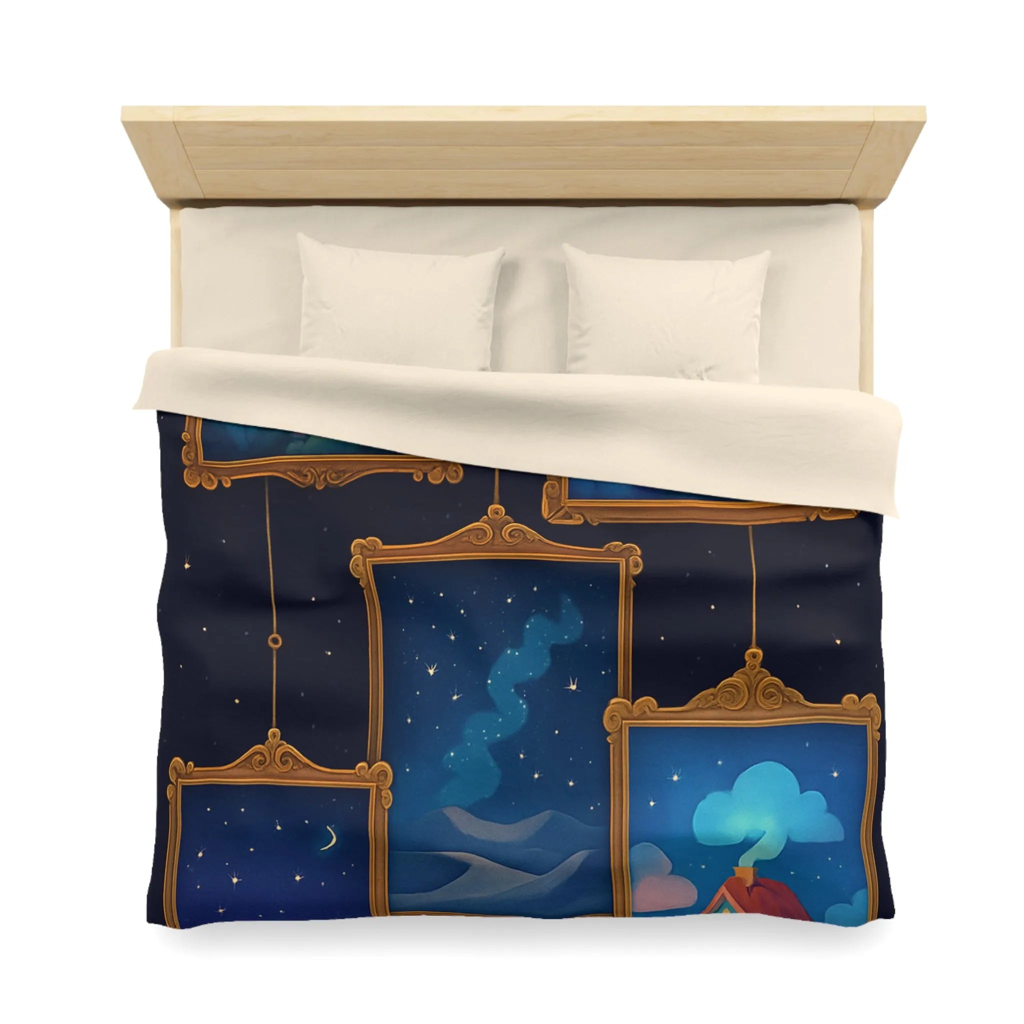 Housse de Couette Artistique avec Paysages de Nuit Étoilée et Fleuri Onirique