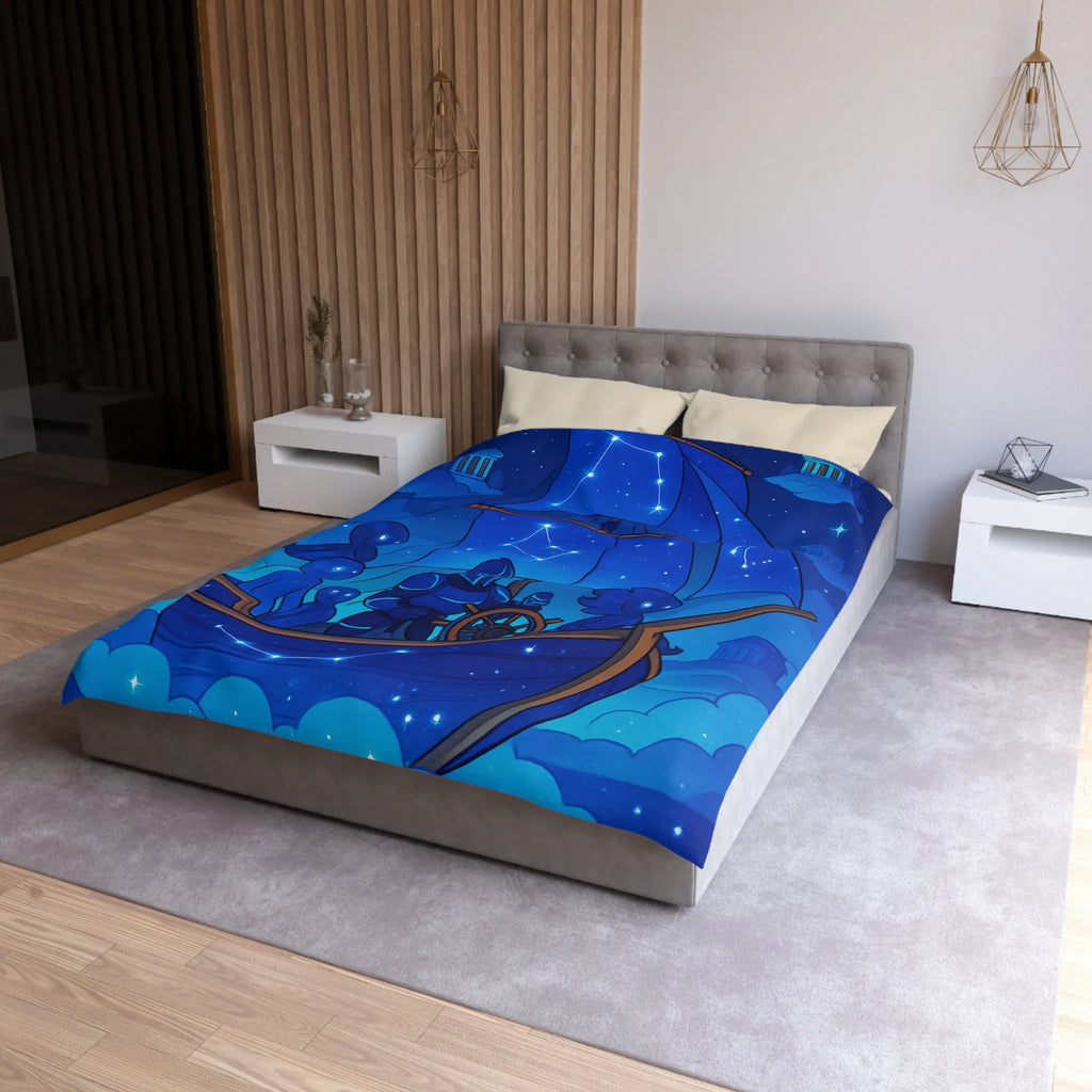 Housse de Couette Inspirée Ciel Étoilé avec Bateau et Constellations Bleu Nuit