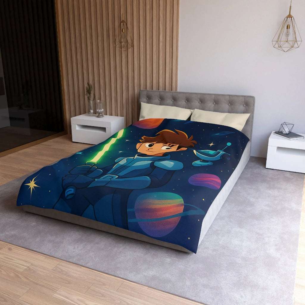 Housse de couette galactique avec enfant et robot, étoiles scintillantes et planètes colorées