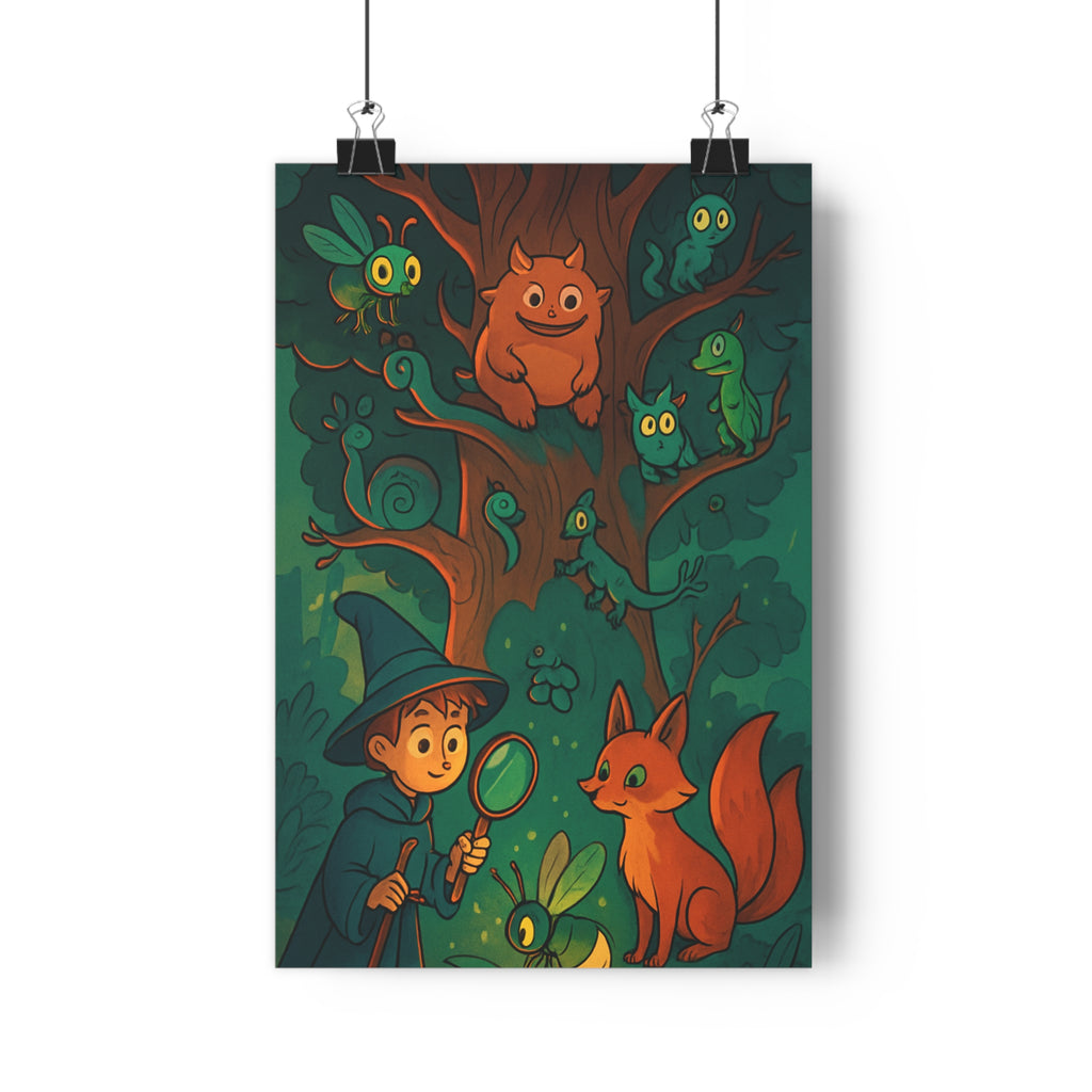 Poster décoratif magique vert orange conte fées sorcier aventure chambre enfant mystique animaux qualité