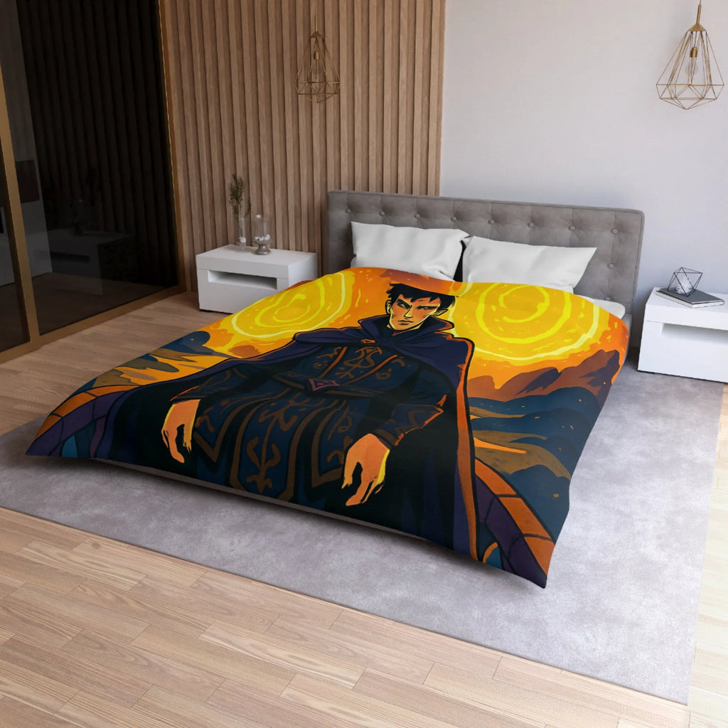 Housse de couette fantastique avec sorcier et portails lumineux dans paysage nocturne magique