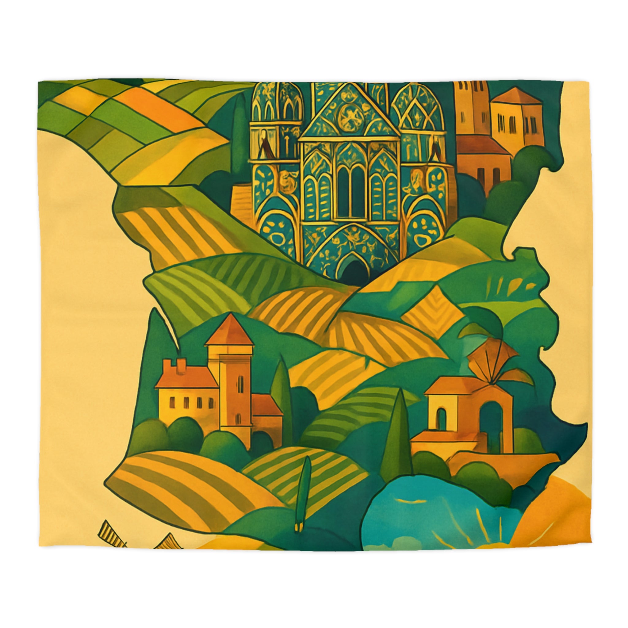 Housse de Couette Paysage France Vintage Coloré avec Monuments, Champs et Soleil