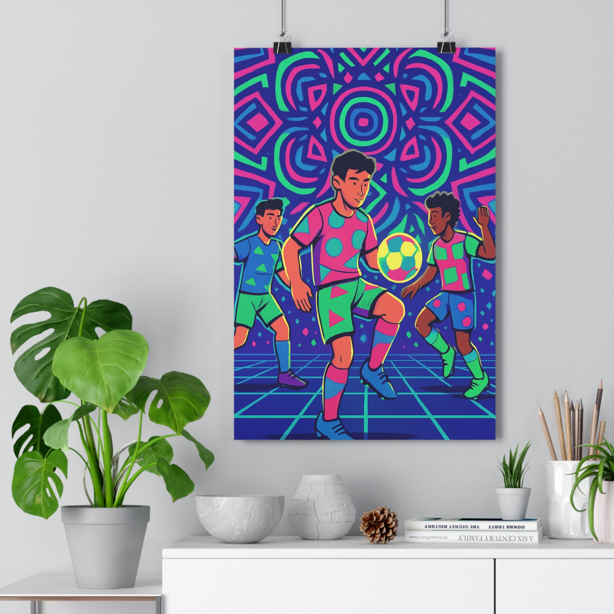 Poster décoratif néon futuriste football rose bleu vert salle jeu chambre dynamique moderne 30x46