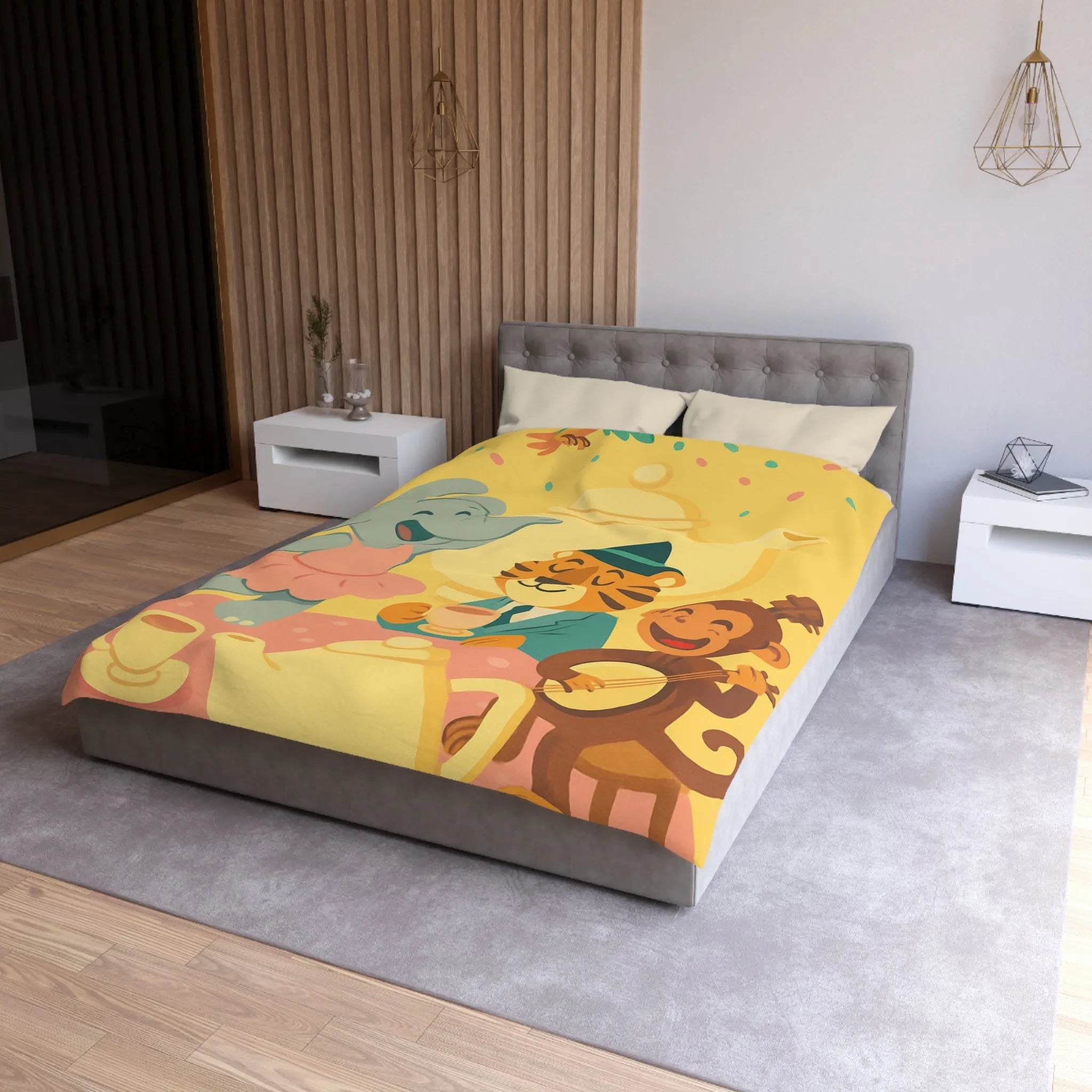 Housse de couette enfantine colorée avec éléphant, tigre et singe en fête joyeuse