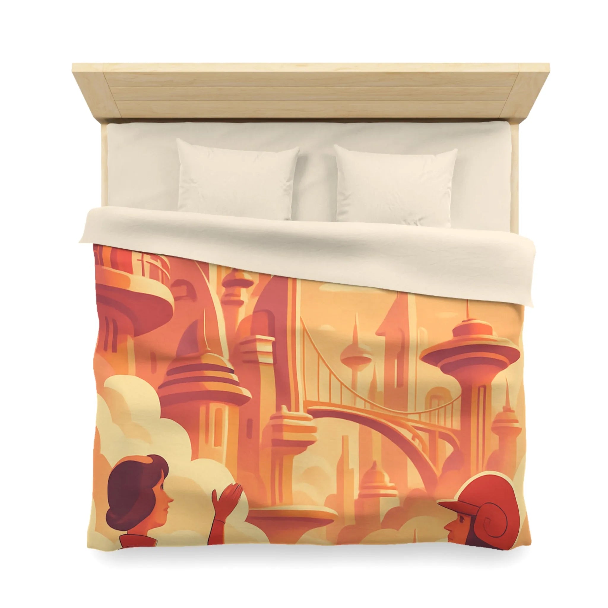 Housse de Couette Art Déco Futuriste avec Avion dans Ciel Orange et Ville Flottante