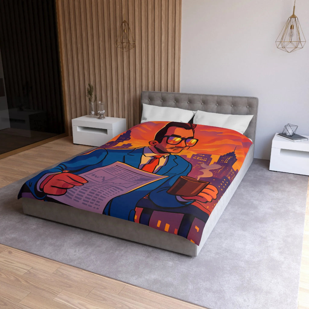 Housse de couette élégante avec silhouette urbaine et homme au coucher de soleil