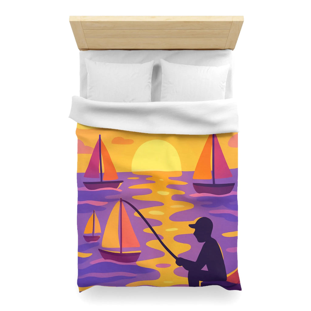 Housse de couette colorée avec voiliers et coucher de soleil magnifique au bord de l'eau