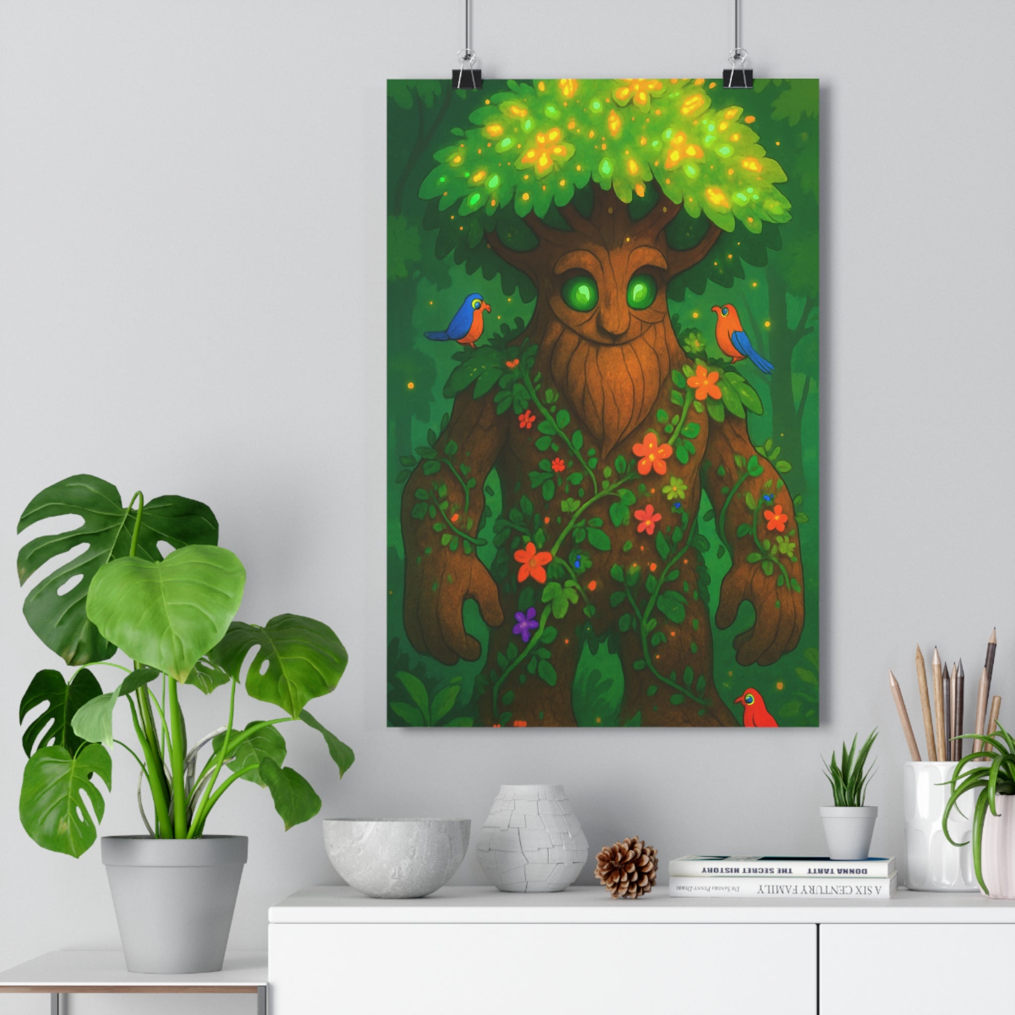 Poster décoratif arbre coloré cartoon magique enfant chambre joyeux nature lumineux oiseaux aventure mur