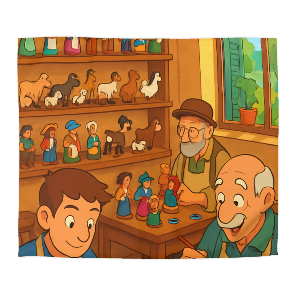 Housse de couette chaleureuse avec scène artisanale, figurines en bois colorées et personnages souriants