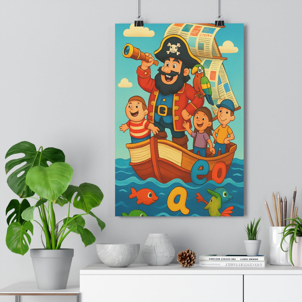 Poster décoratif cartoon aventure maritime joyeux coloré enfant chambre pirate bateau perroquet lettres poissons