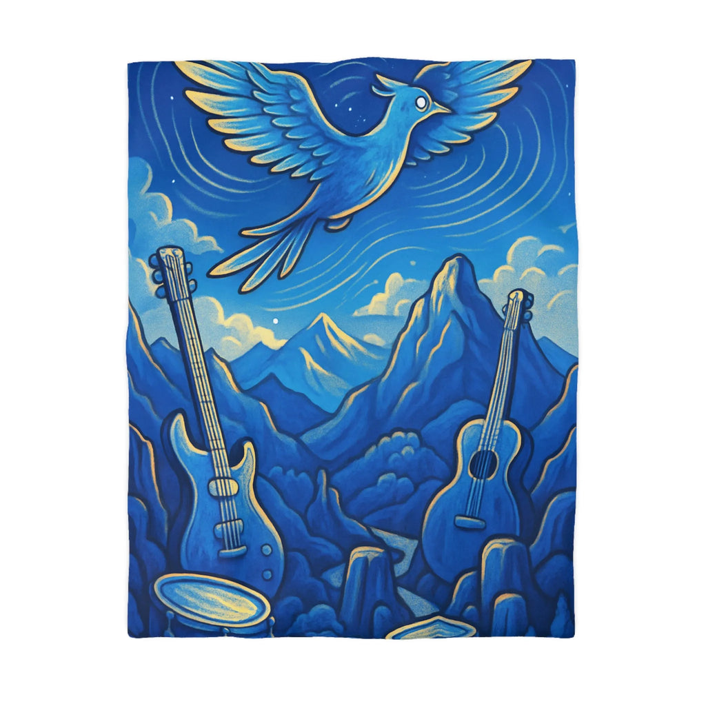 Housse de couette mélodieuse avec oiseau bleu et instruments de musique en montagne