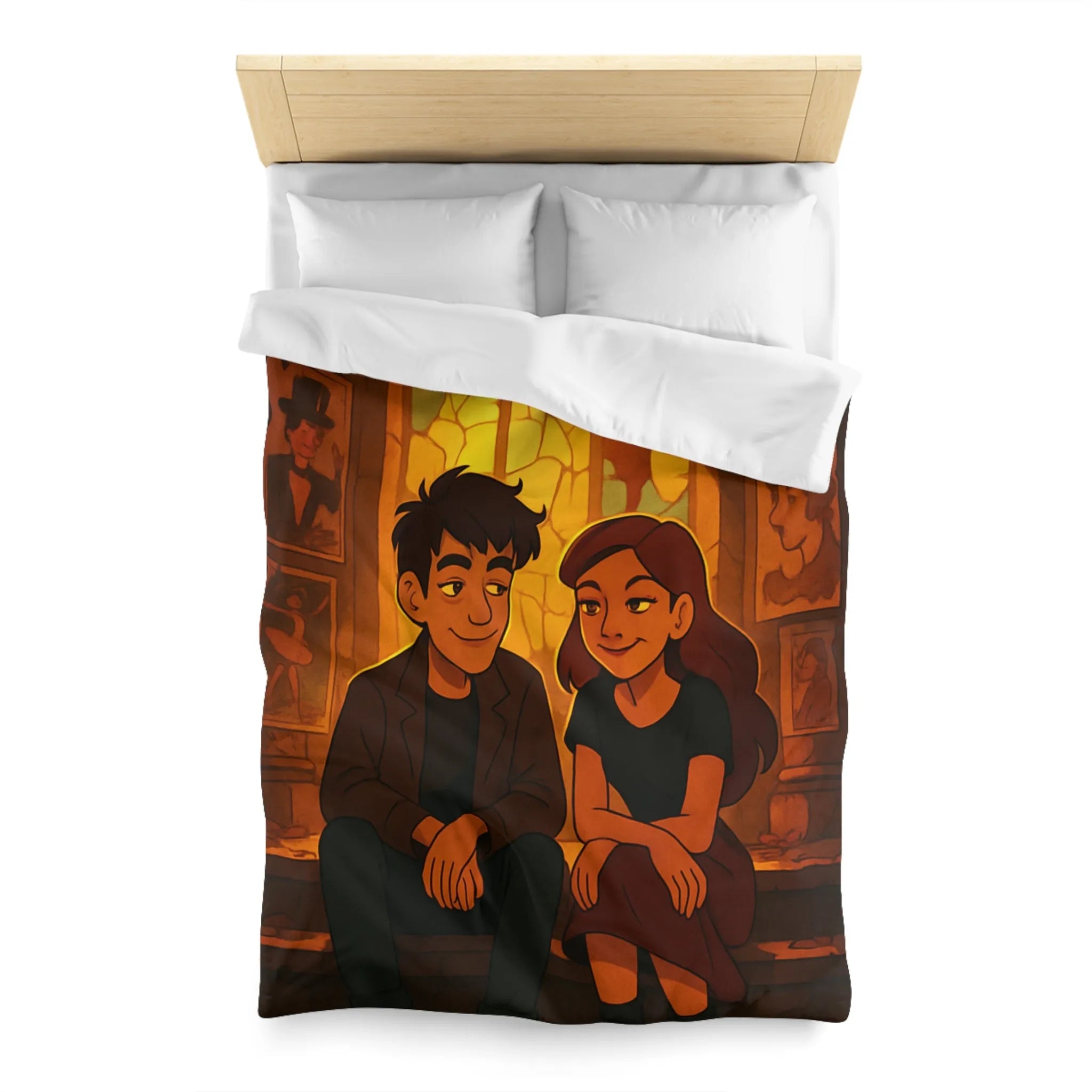 Housse de couette avec illustration romantique de couple devant vitrail chaleureux et intime