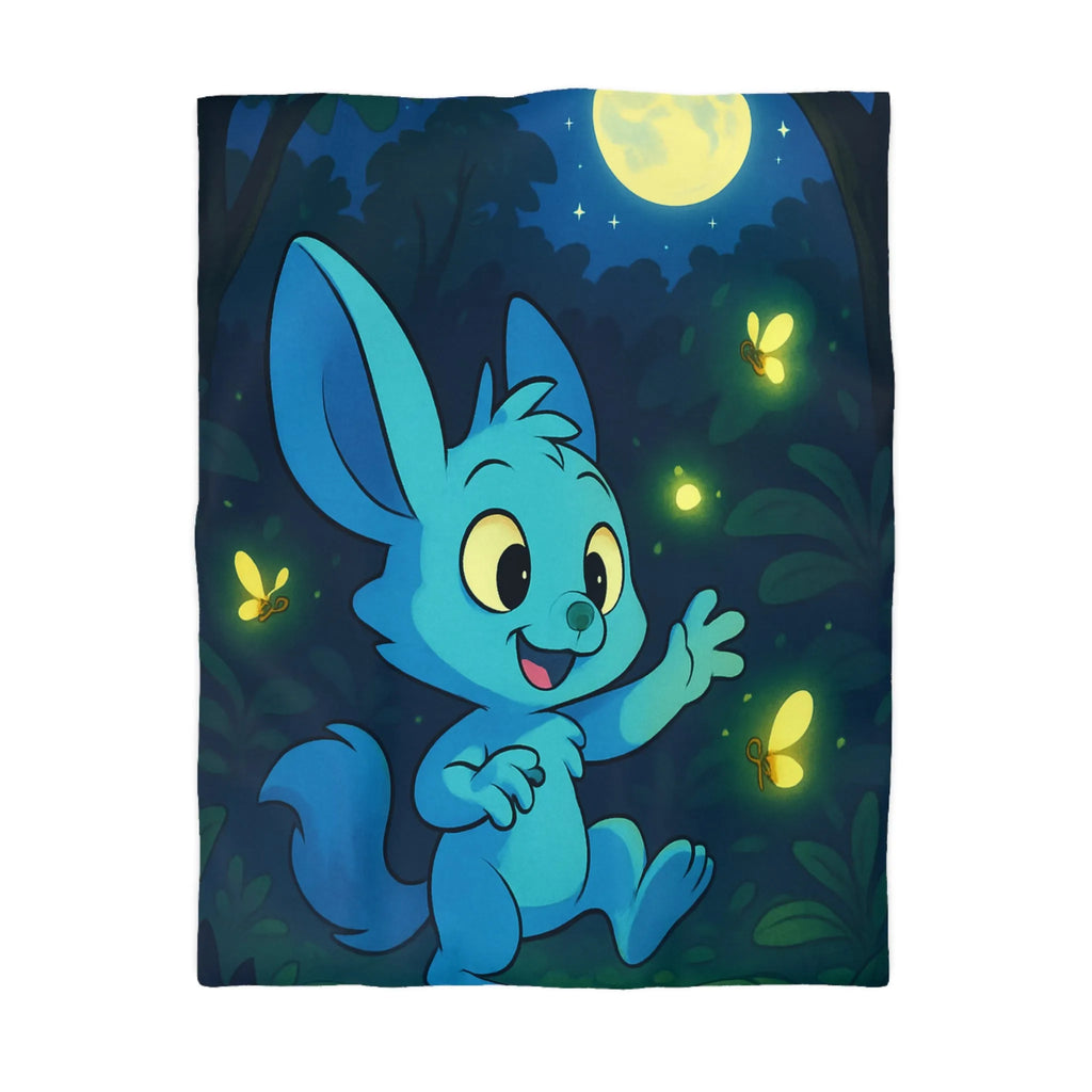 Housse de couette enfantine décorée avec lapin bleu et lucioles sous lune brillante