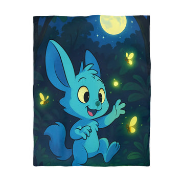 Housse de couette enfantine décorée avec lapin bleu et lucioles sous lune brillante