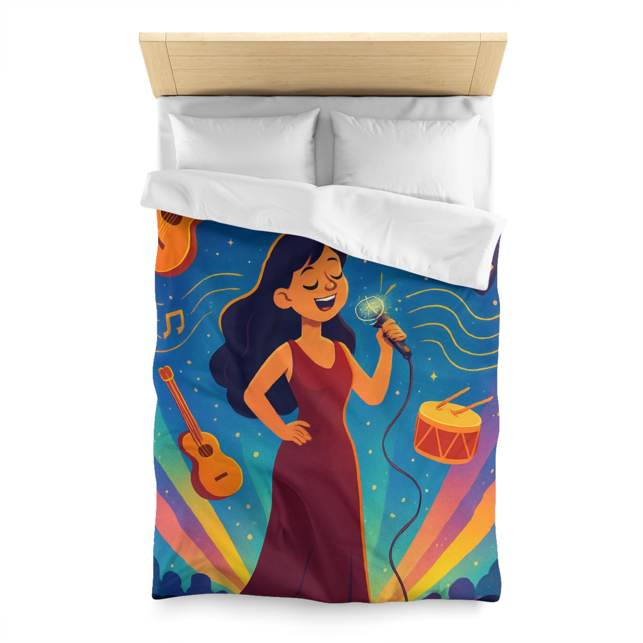 Housse de couette vibrante avec scène musicale, chanteuse et instruments illustrés colorés