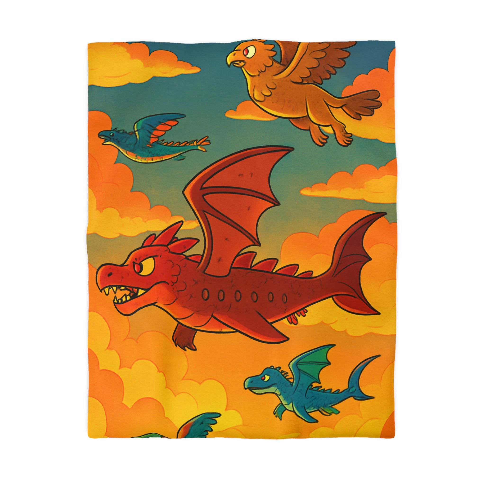 Housse de Couette Motif Dragons Colorés Volant dans Ciel Orange Nuageux Enchanté