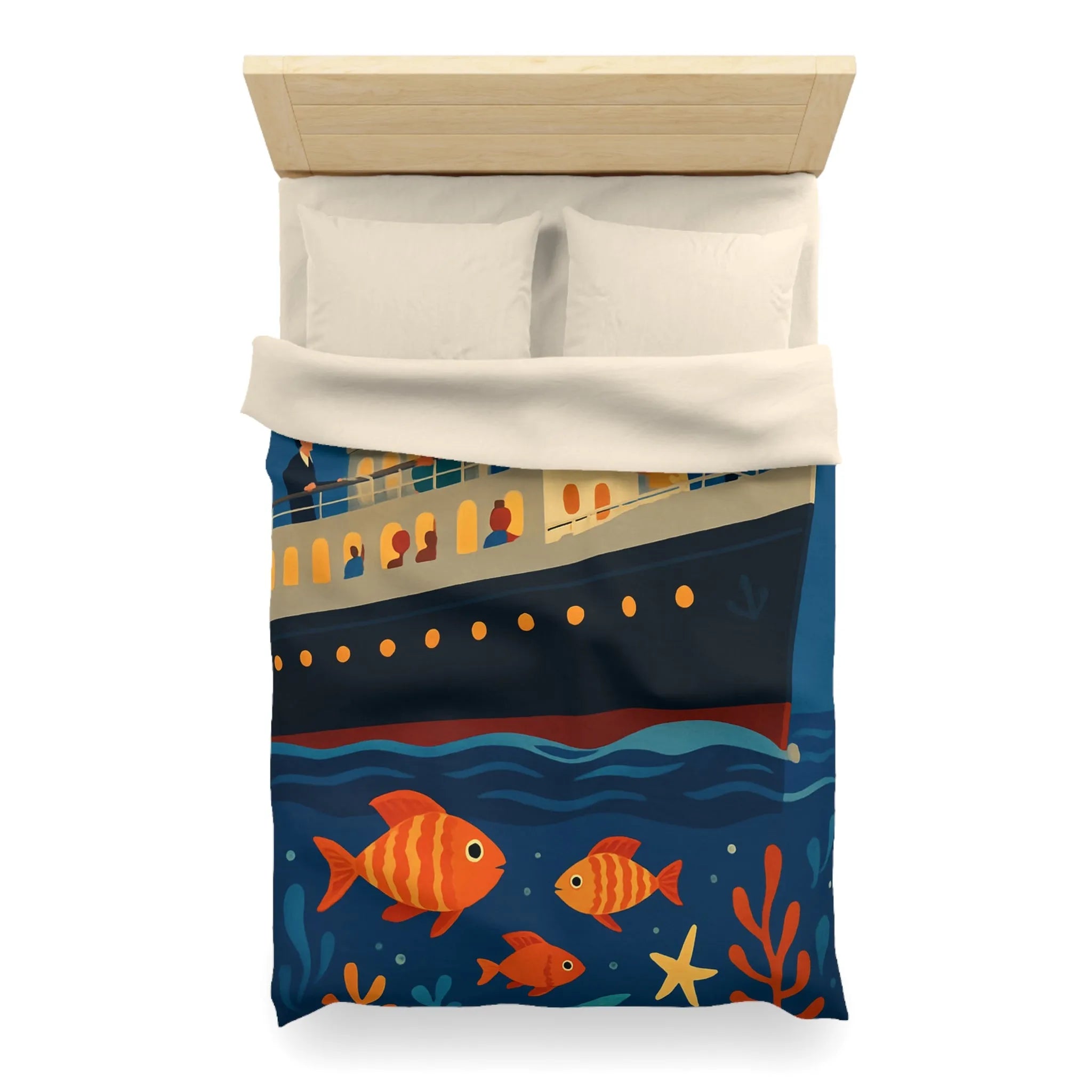 Housse de couette bateau rétro, poissons colorés, ambiance marine, nuit étoilée