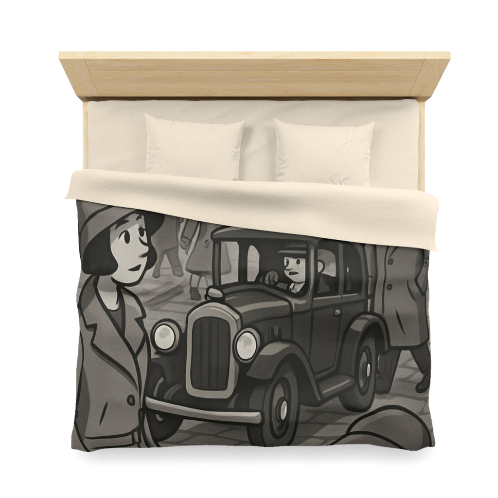 Housse de Couette Vintage avec Rue Animée et Voiture des Années 1930
