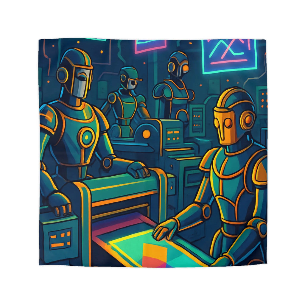 Housse de Couette Design Futuriste avec Robots Néons et Motifs Géométriques Vibrants