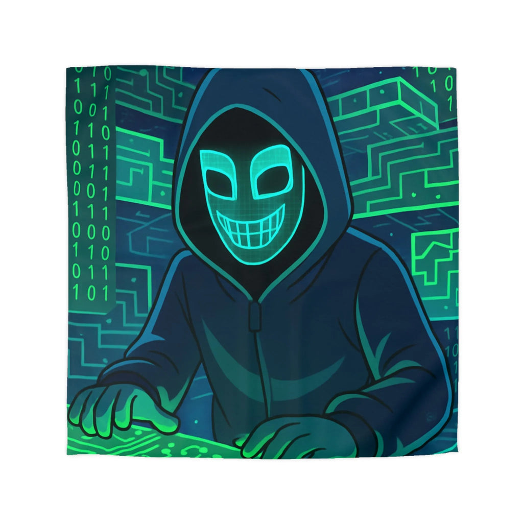 Housse de couette cyberpunk avec motif de hacker masqué et circuit numérique lumineux