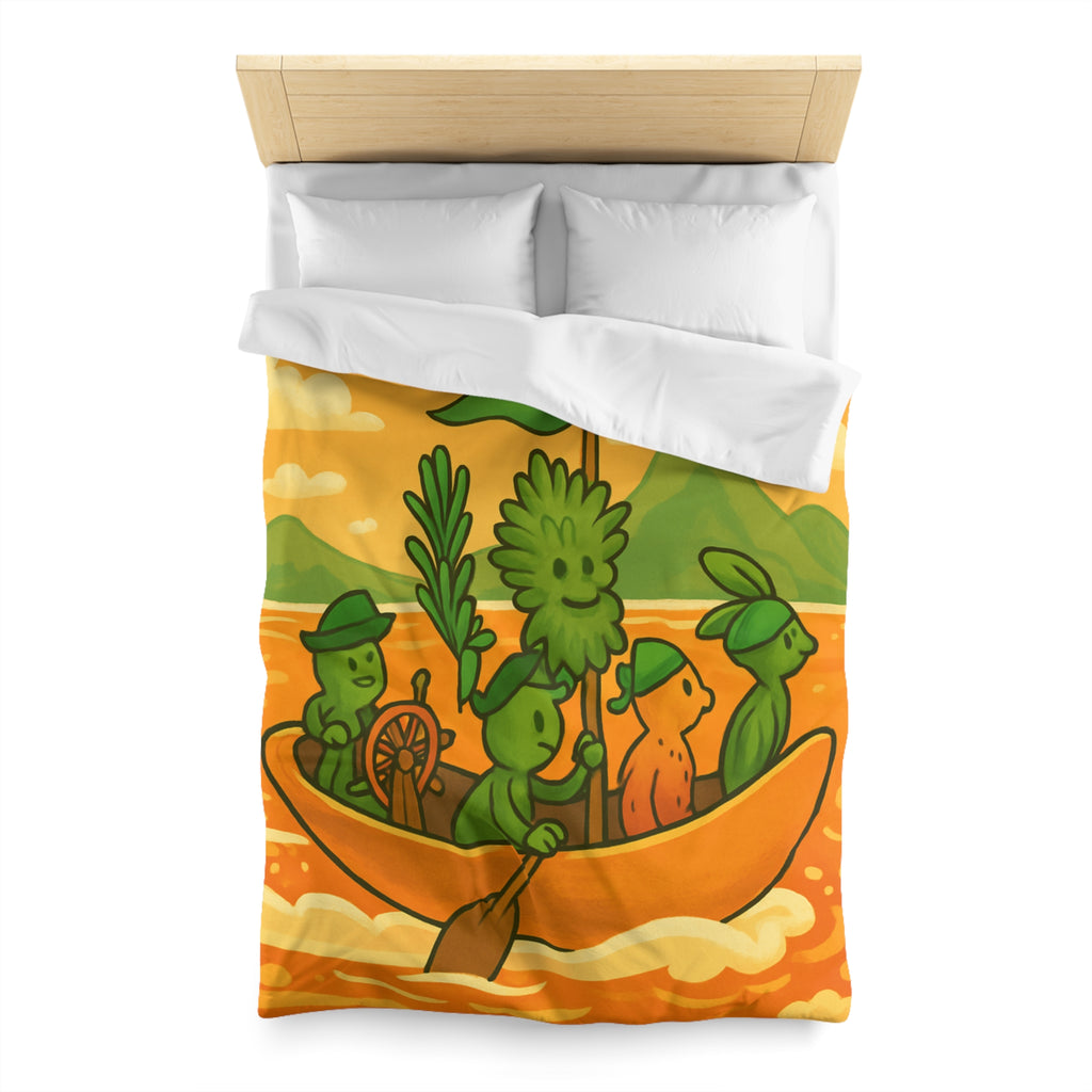 Housse de couette originale avec personnages verts naviguant sur mer orangée ludique