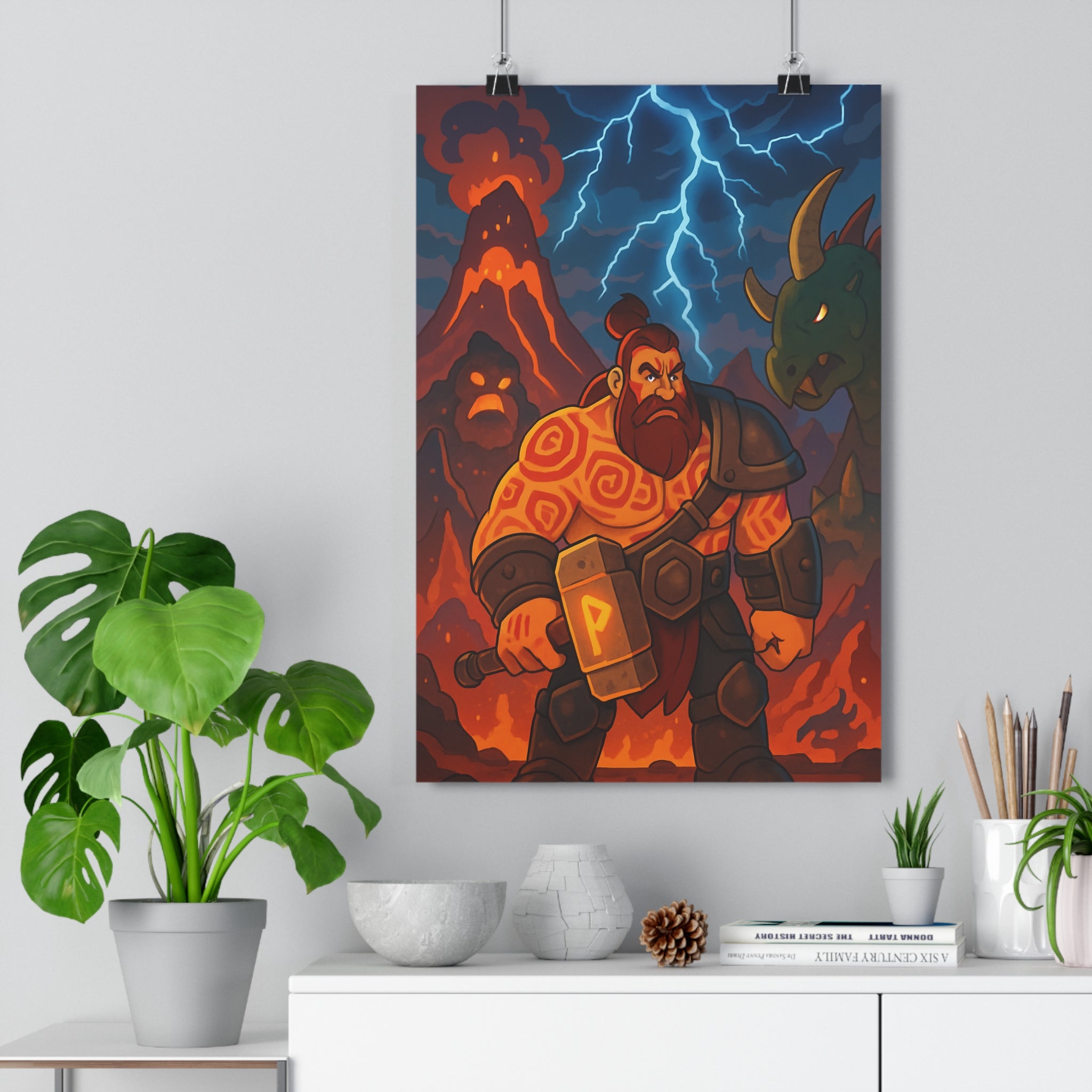 Poster décoratif animé rouge orange guerrier épique volcan aventure salon chambre ambiance intense qualité