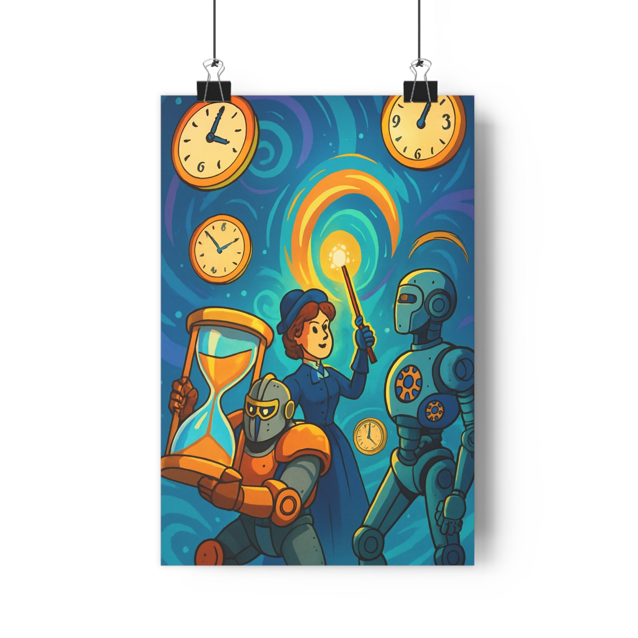 Poster décoratif cartoon steampunk bleu orange jaune aventure salon bureau rétro futuriste horloges robots
