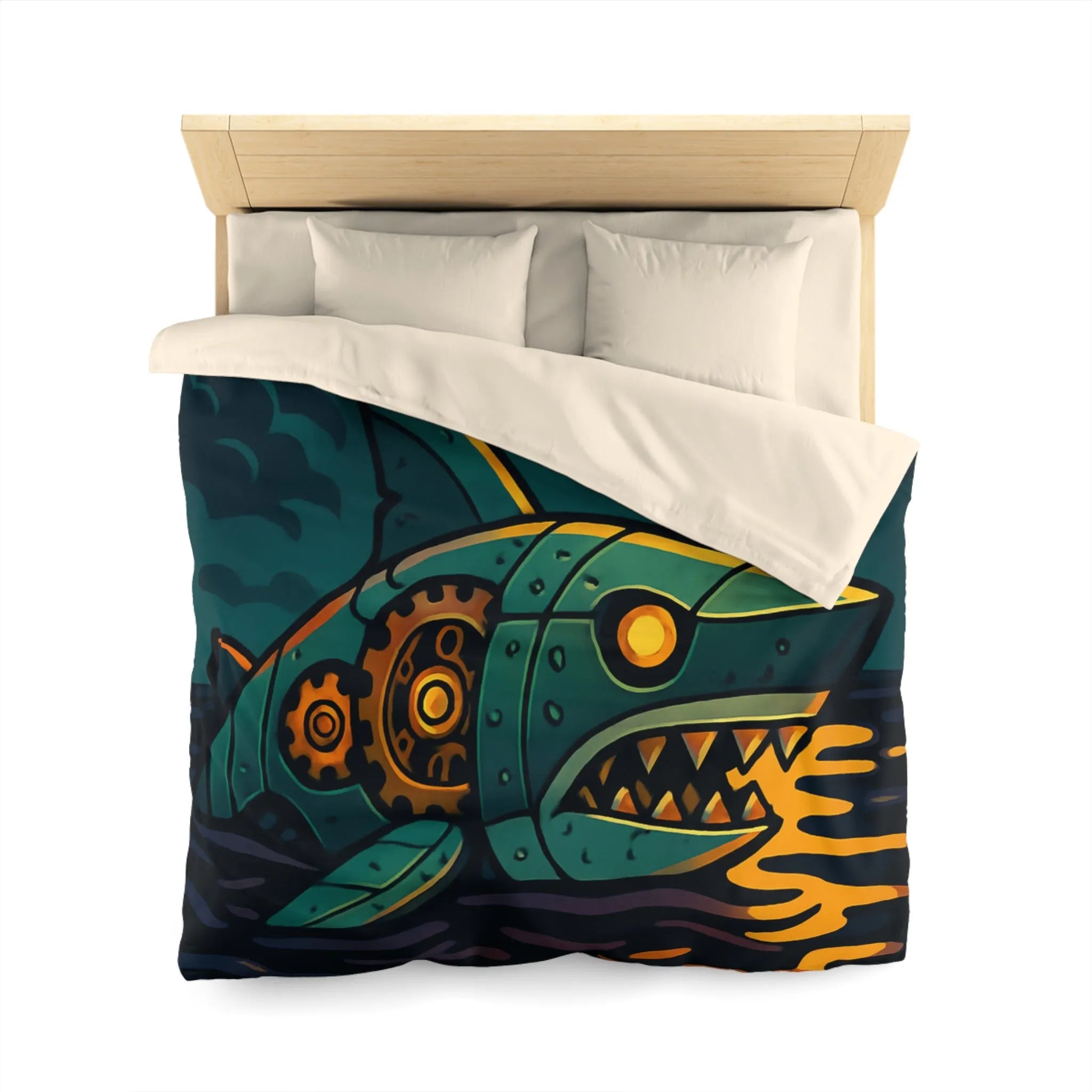 Housse de couette colorée avec requin mécanique sous lune dorée et oiseaux stylisés