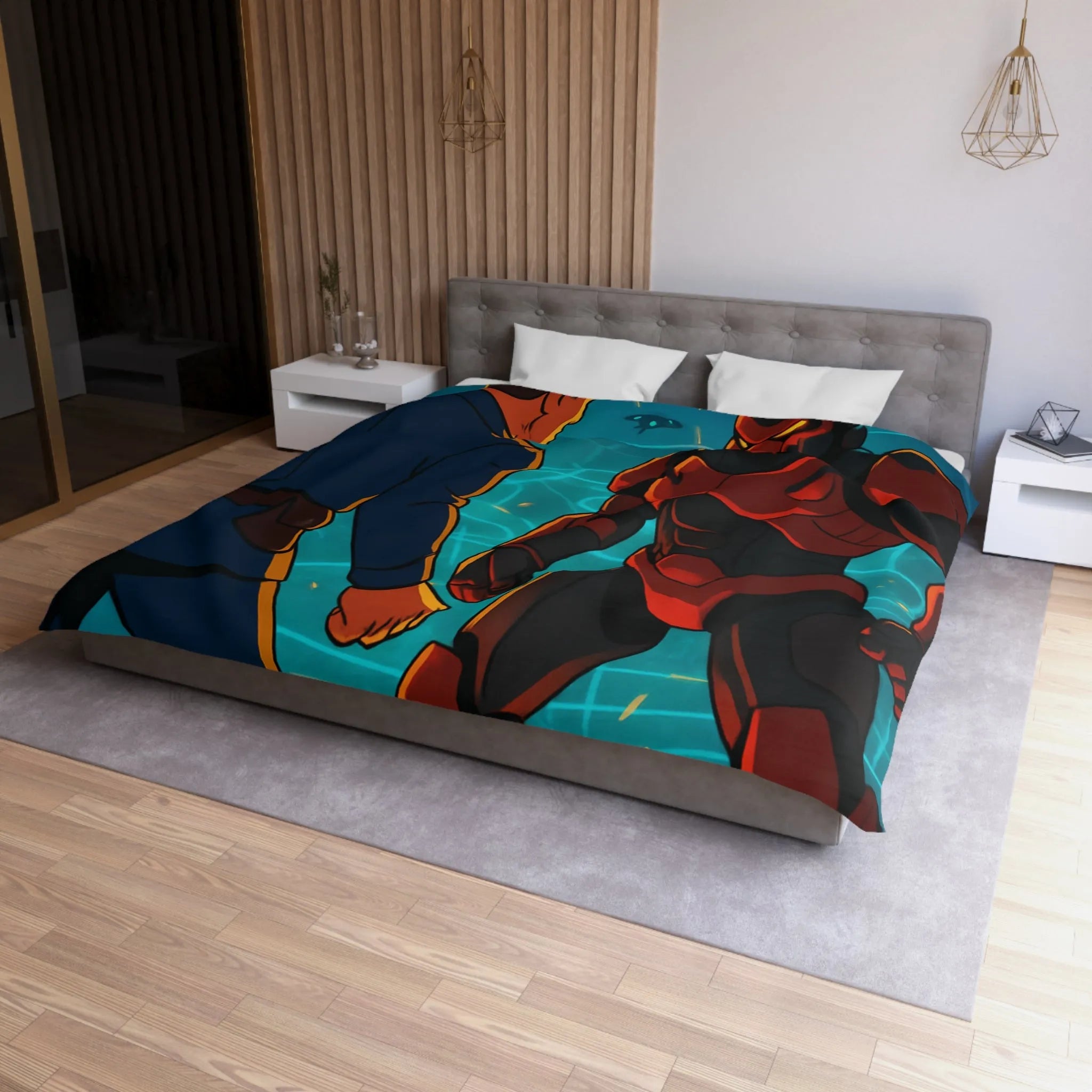 Housse de Couette avec Design Futuriste de Robot et Personnage en Armure Rouge