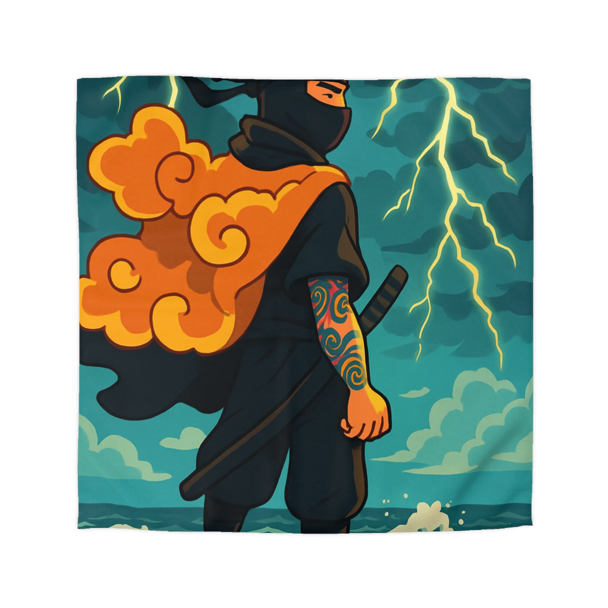 Housse de couette ninja contemplatif sur falaise, orage aux éclairs dramatiques