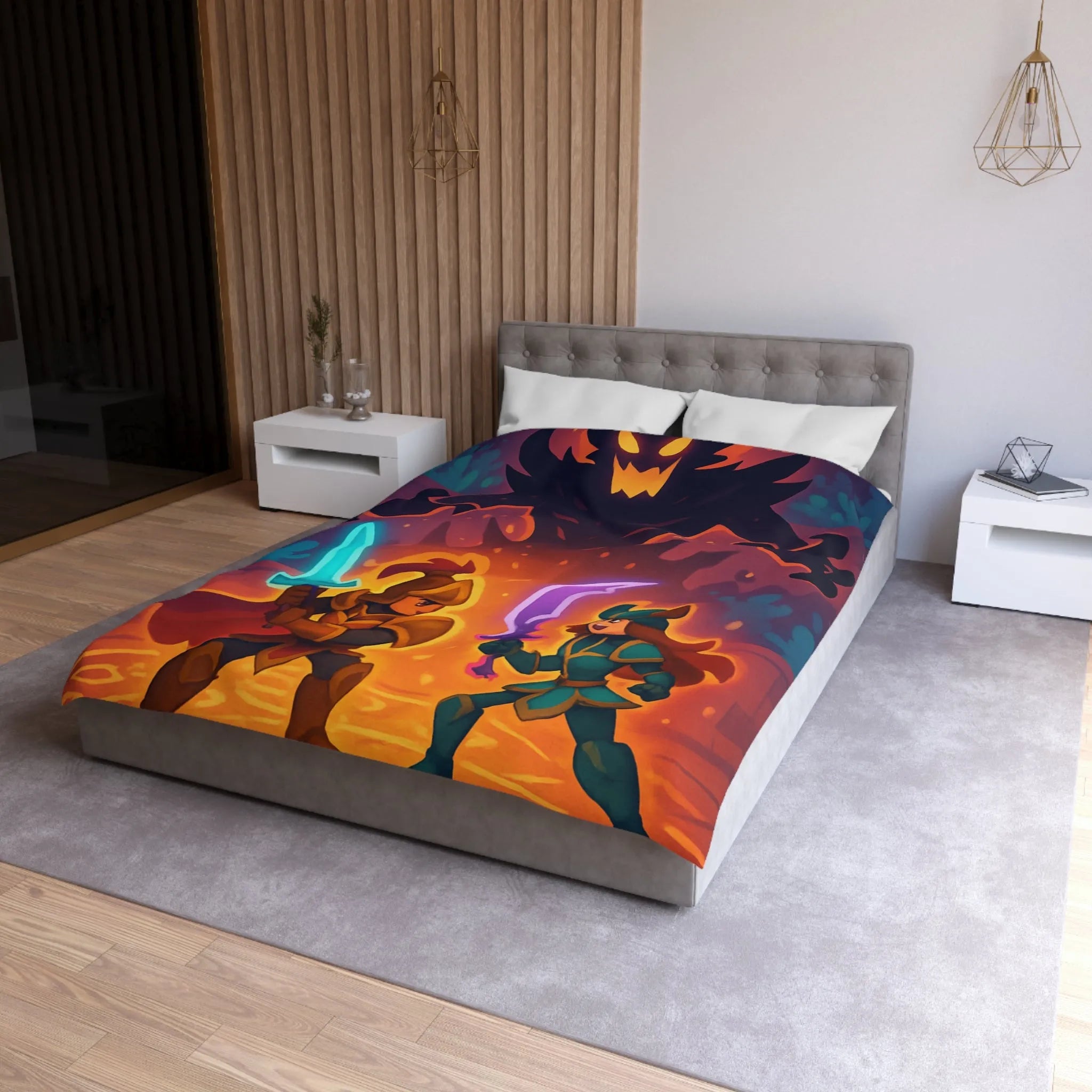 Housse de couette avec illustration fantasy de chevaliers affrontant ombre menaçante au théâtre