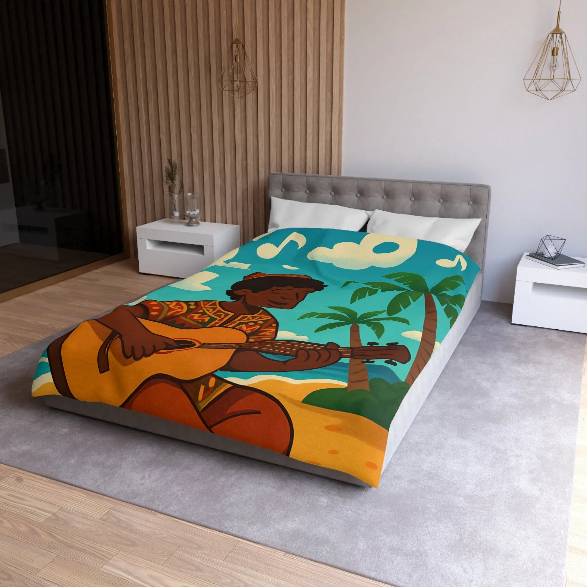 Housse de couette illustrée avec musicien joyeux sous les palmiers en bord de mer