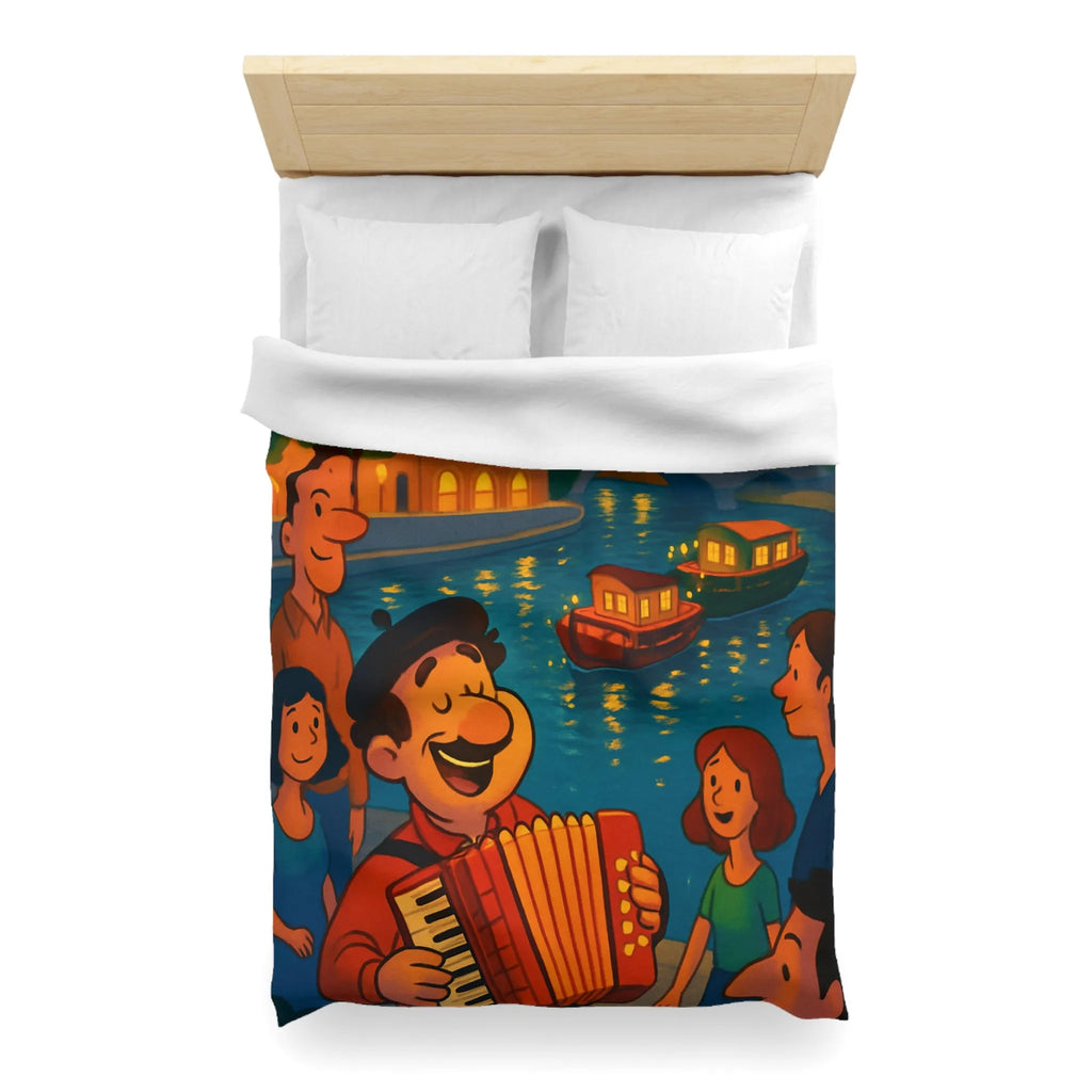 Housse de couette avec illustration animée d'une scène joyeuse au bord de la rivière