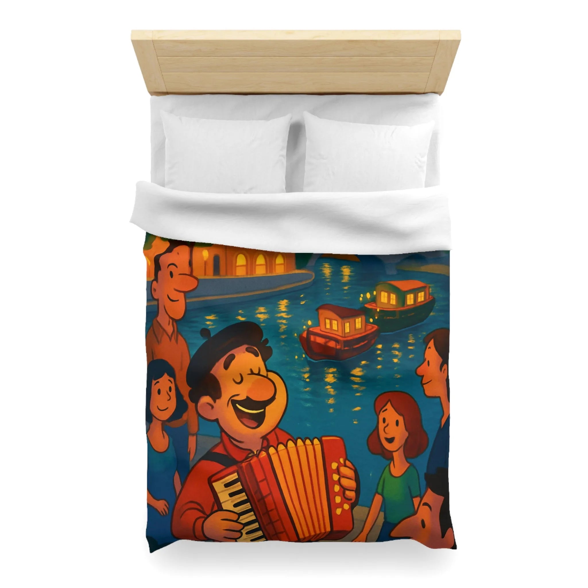 Housse de couette avec illustration animée d'une scène joyeuse au bord de la rivière