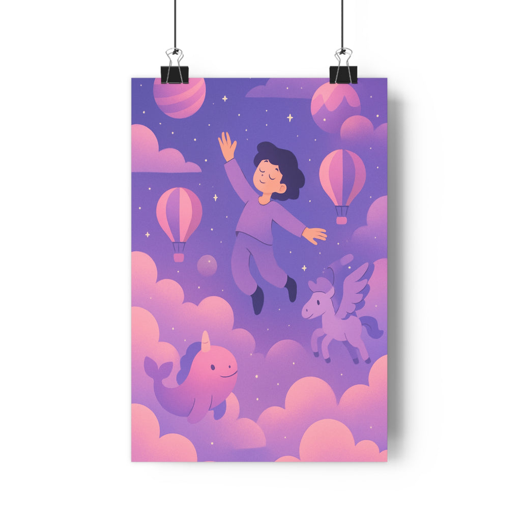 Poster décoratif ambiance surréaliste rose violet enfant chambre rêve créatures fantastiques magie format 30x46