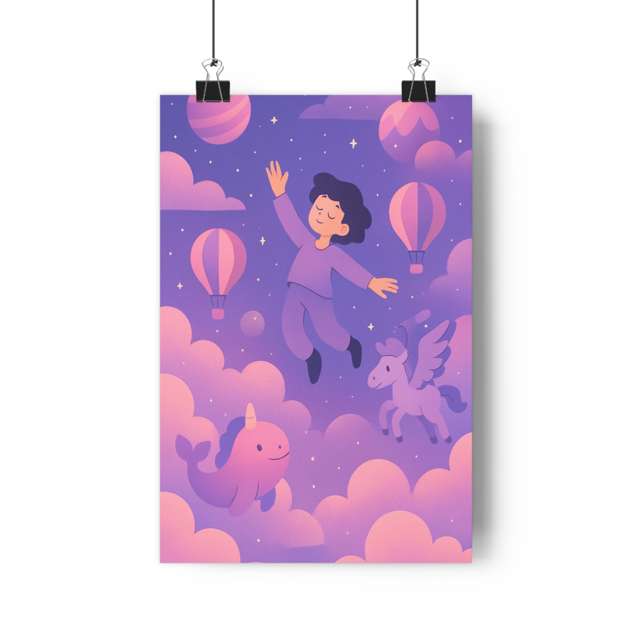 Poster décoratif ambiance surréaliste rose violet enfant chambre rêve créatures fantastiques magie format 30x46