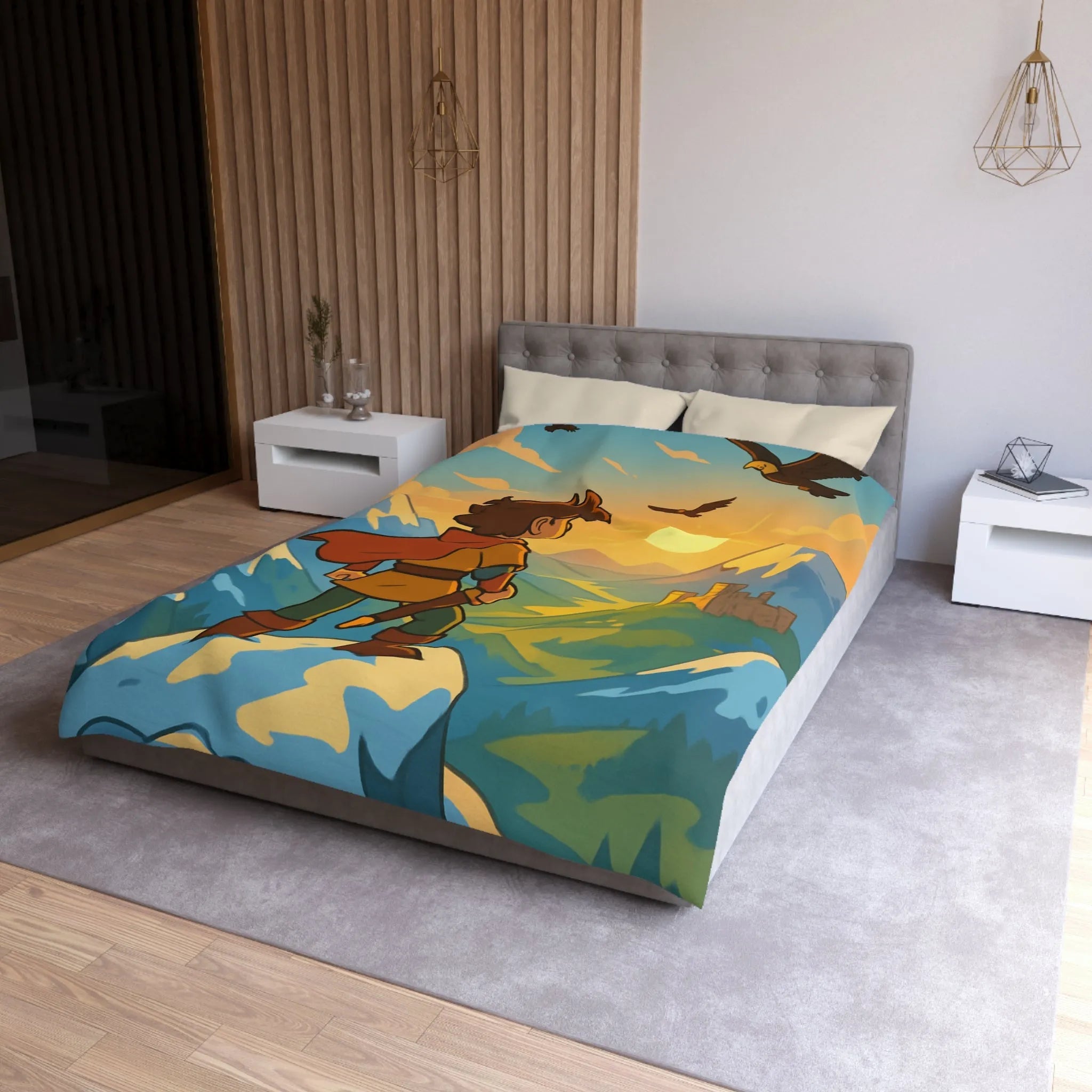 Housse de couette avec paysage montagneux, jeune aventurier et châteaux au coucher de soleil