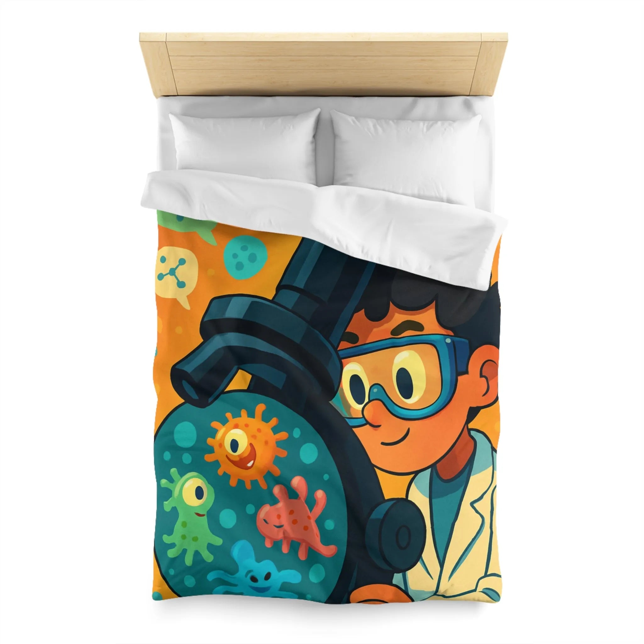 Housse de couette colorée avec jeunes scientifiques et microscope amusant pour enfants