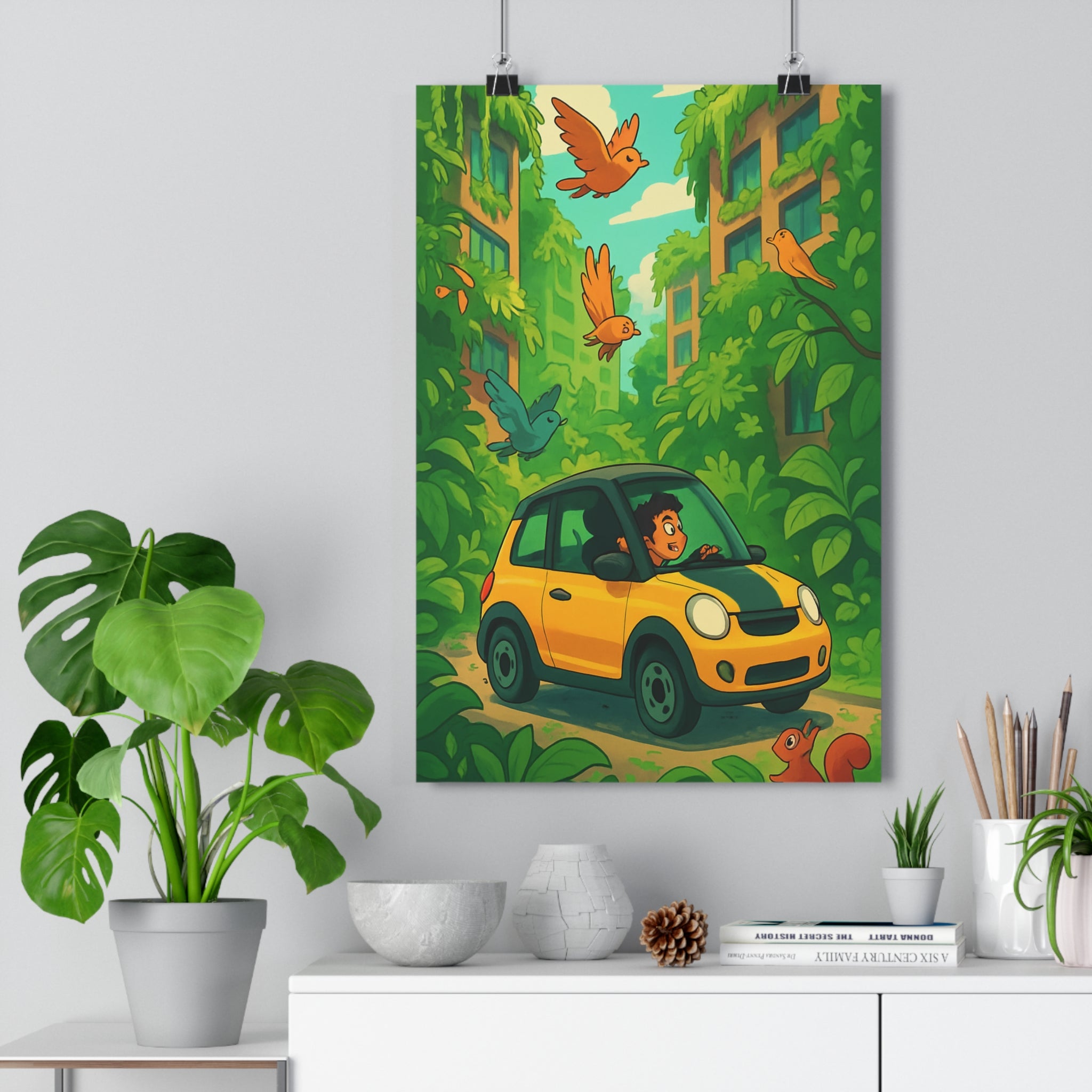 Poster décoratif cartoon jaune vert joyeux aventure chambre salon bureau nature original écologique vibrant