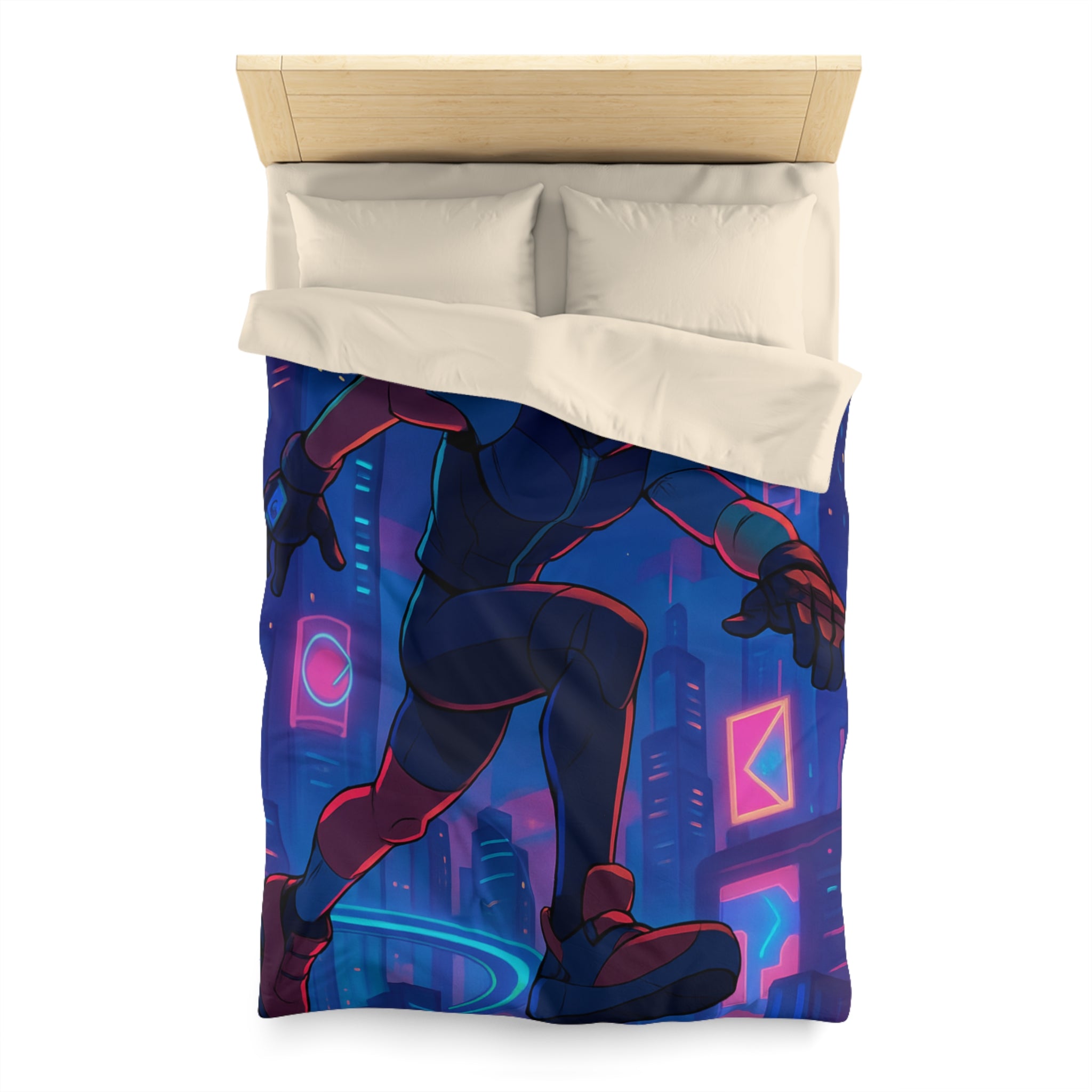 Housse de couette néon noire avec silhouette futuriste urbaine pour décoration moderne