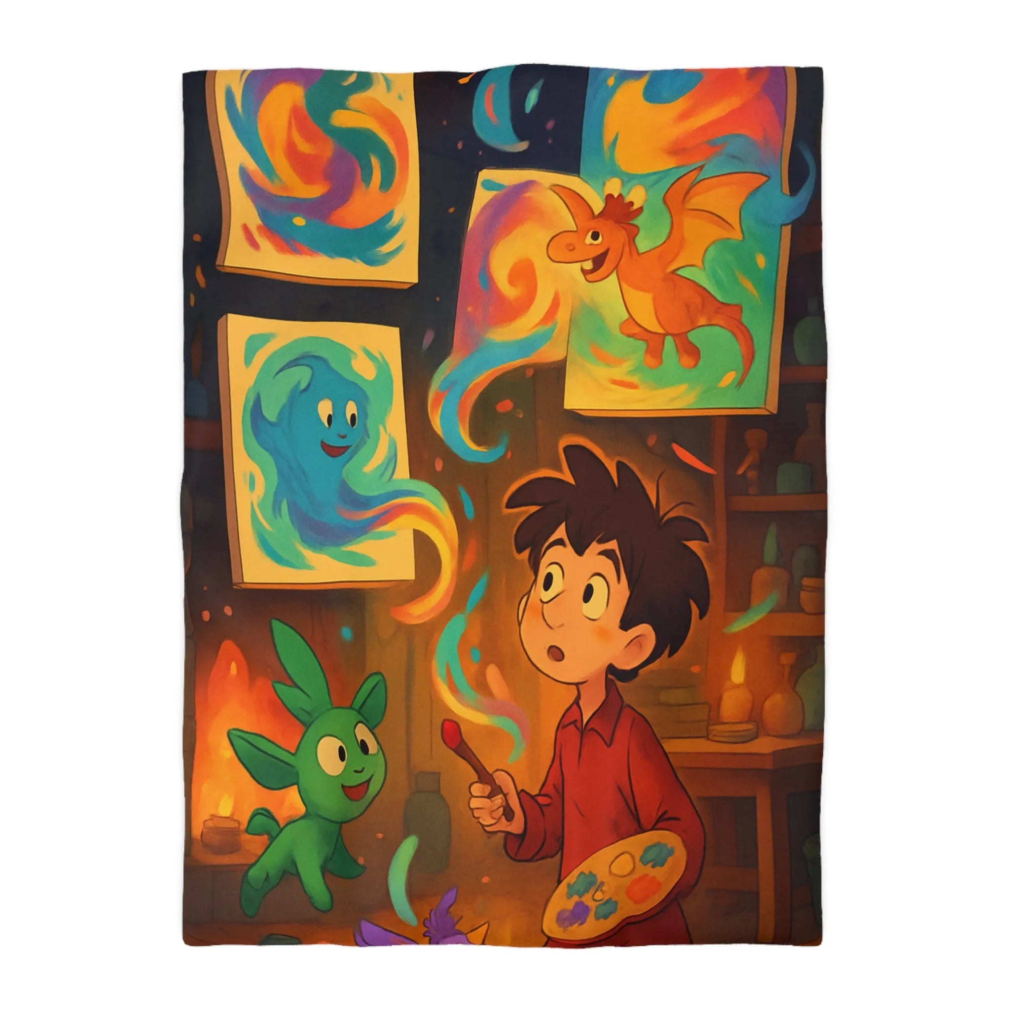 Housse de couette magique illustrant un artiste jeunesse avec créatures fantastiques et peintures lumineuses