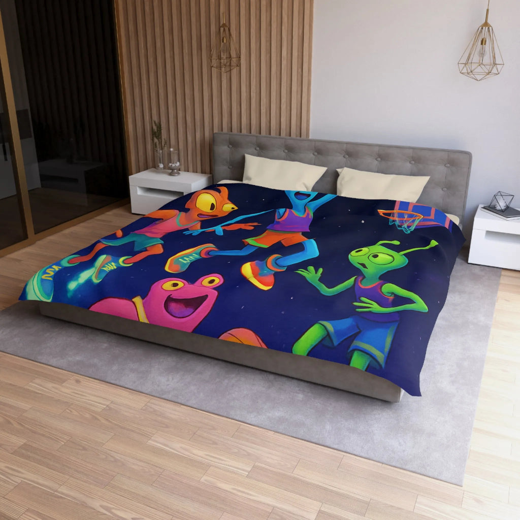 Housse de couette avec extraterrestres jouant au basket, ambiance lumineuse et amusante