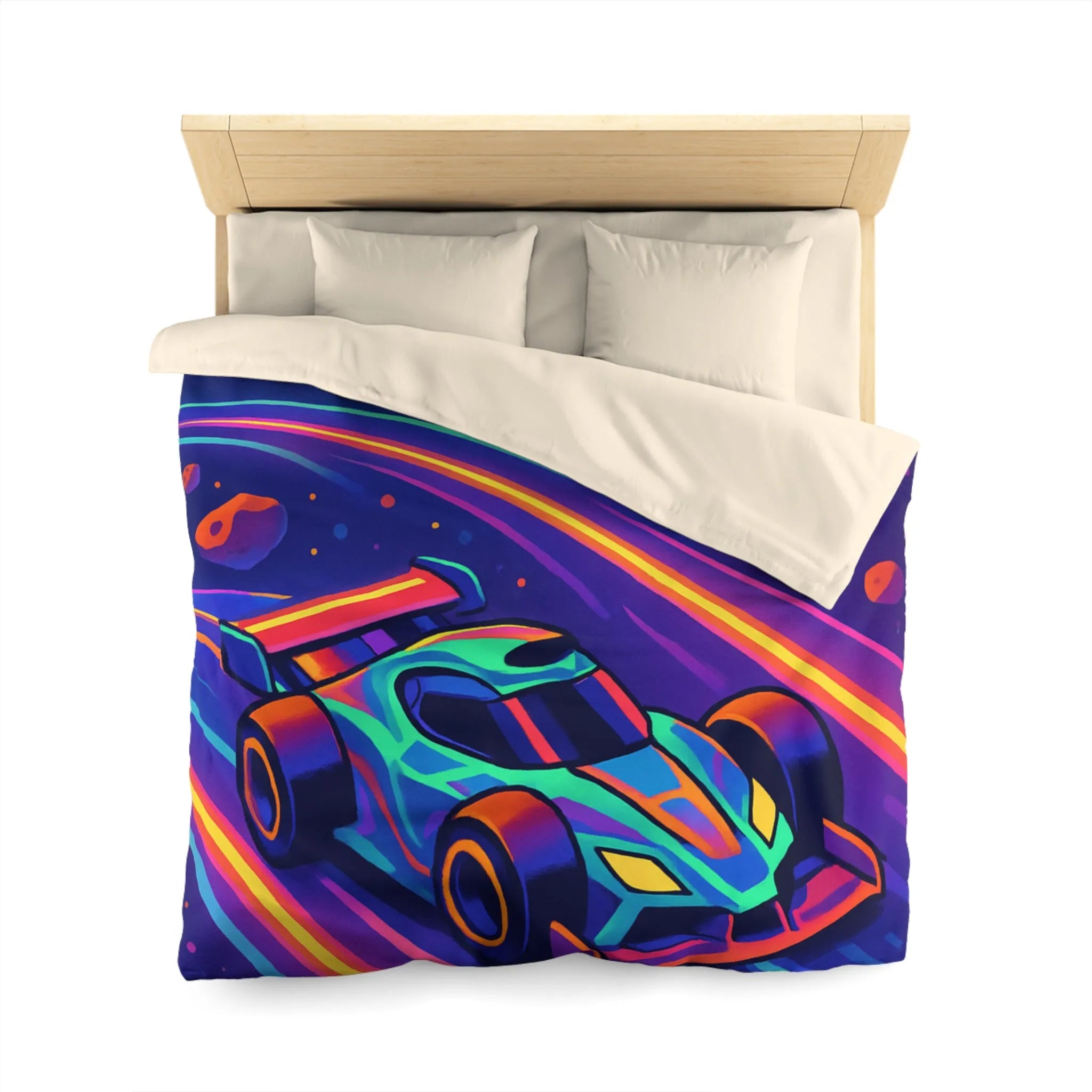 Éblouissante Housse de Couette avec Voiture Néon Galactique et Planètes Colorées