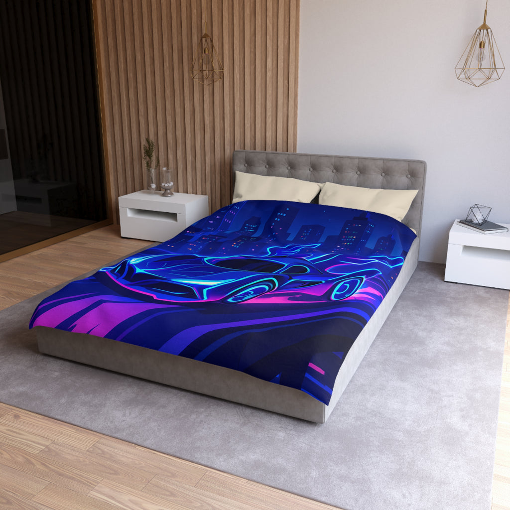 Housse de couette néon voiture futuriste volant dans une ville aux reflets lumineux