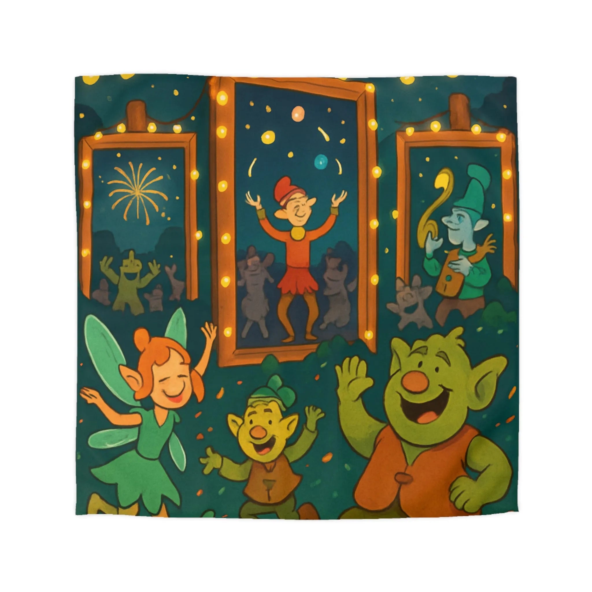 Housse de couette colorée avec lutins dans une fête enchantée sous feux d'artifice